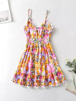 V Neck Bowknot Floral Print Boho Summer New Dress for Women Adjustable Strap Lace Patchwork Sundress Beach Casual Short Dress