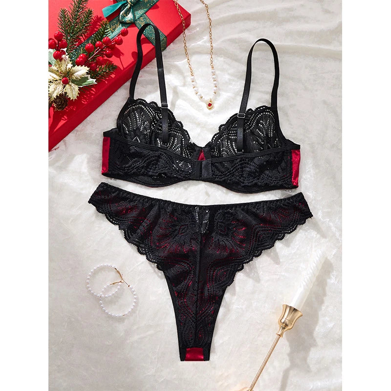 Valentine Sexy Lingerie Black Lace Splicing Underwear Women Set Ultra Thin Luxury Intimate Lingerie 3-point Transparent Bra Set