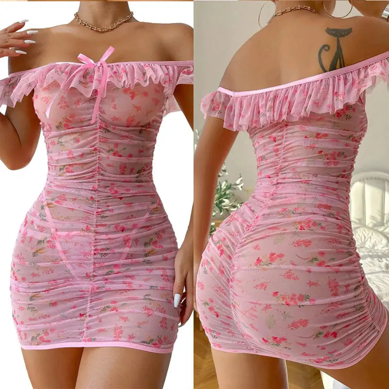 Lingerie Ultra Sexy Bra And Thong Set Ruffled Transparent Short Dress Sexy Floral Mesh Print Nightgowns Lingerie Erotic Pajamas