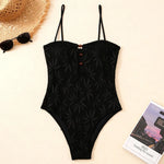 2026 Vintage Coffee Leaves Print One Piece Swimsuit Women Beaded String Hollow Out Backless Mesh Slim Fit Tummy Control Swimwear