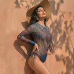 Vintage Long Sleeved Mesh Sunscreen Swimsuit Women Blue Floral Print Drawstring Side High Waist Swimwear 2026 Beach Bathing Suit