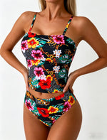 Vintage Black Floral Print Bikini Set 2026 Women Slimming Tank Top High Waist Swimsuit Beach Bathing Suit Holiday Swimwear