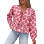 Floral Print Babydoll Tops for Women Casual Loose Doll Collar Open Front Tie-Up Ruffled Hem Long Sleeve Blouse for Fall