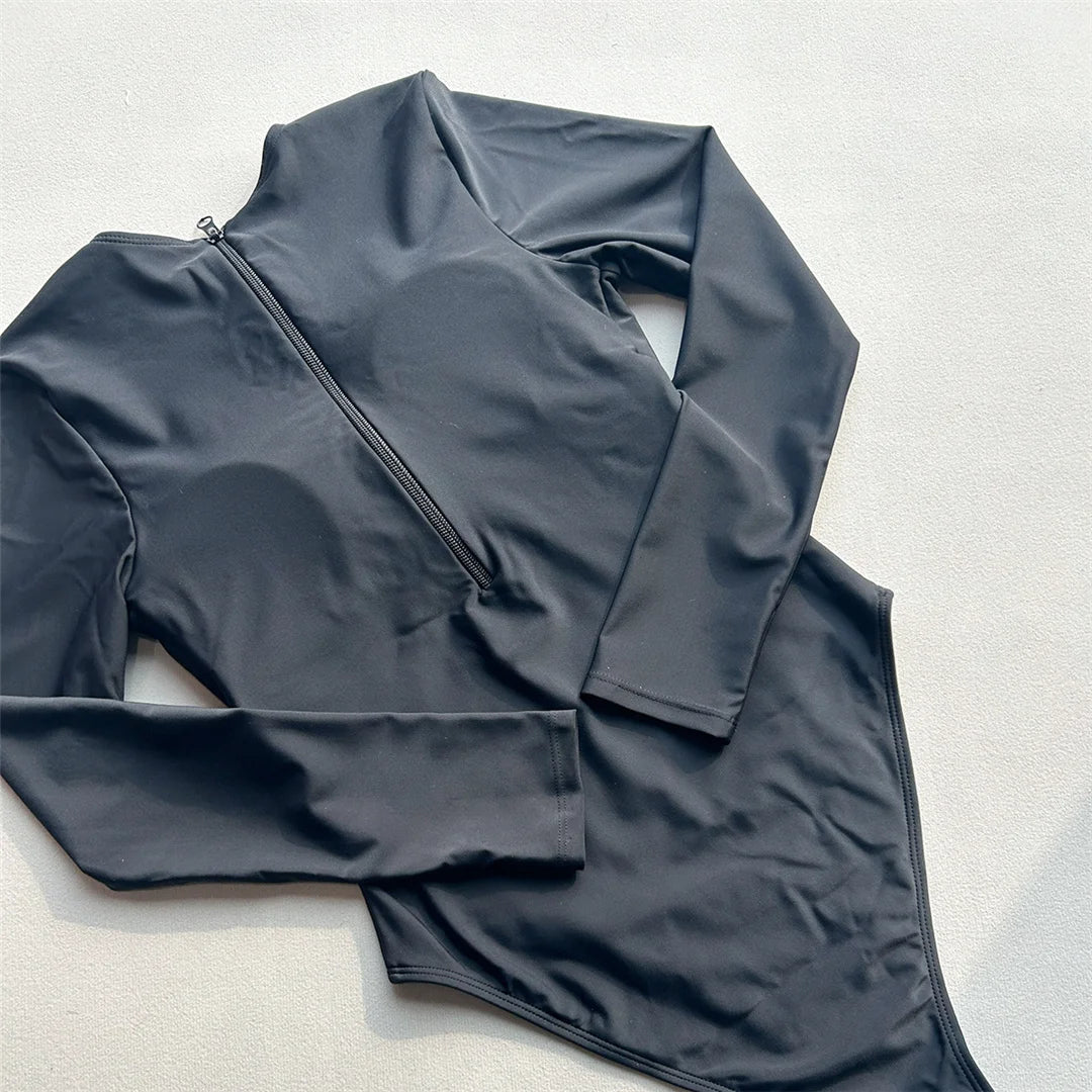 2026 Long Sleeve With Zipper Solid Women Swimwear One Piece Swimsuit Female Padded High Leg Cut Bather Bathing Suit Swim V7752