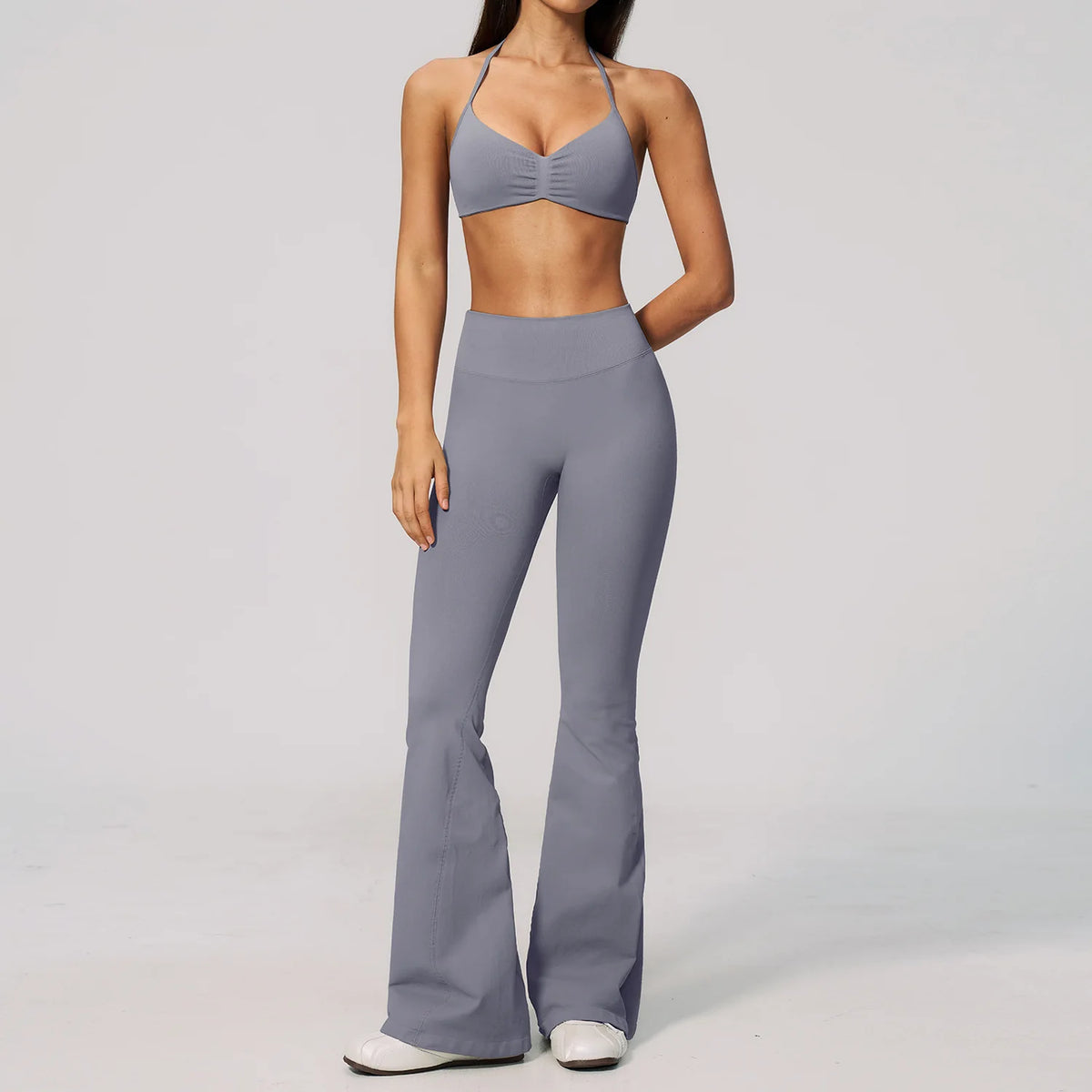 Summer Fitness Suit Women Seamless Hanging Neck Pleate Sports Bra Yoga Sets High Waist Wide Leg Leggings Running Athletic Wear