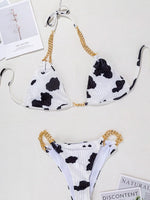 Sexy Cow Print Halter Metal Chains Brazilian Bikini Women Swimsuit Female Swimwear Two Pieces Bikini Set Bathing Suit Swim Lady