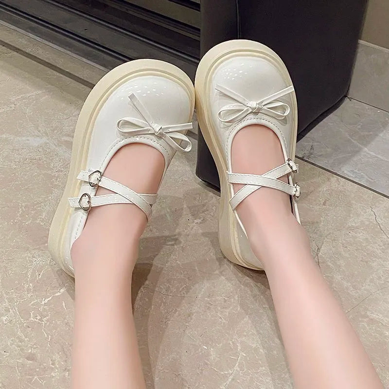 Women Bow Mary Jane Shoes Patent Leather Cross Strap Heart Buckle Chunky Platform Round Toe Sweet Lolita Casual Dress Shoes