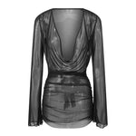 Women's Summer Solid Color Sheer Beach Mini Dress Long Sleeve Deep V Neck Swim Cover Up Swimwear for Pool Vacation