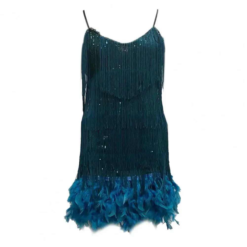 Mini Club Party Dress Women Dress Tassel Sequin Sleeveless Backless V Neck Feather Decor Loose Rumba Cha-cha Dance Costume