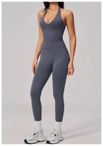 Summer Seamless Yoga Sets Women V Neck Slim Sports Tank Top Fitness Suit Peach Hip High Elasticity Leggings Running Tracksuit