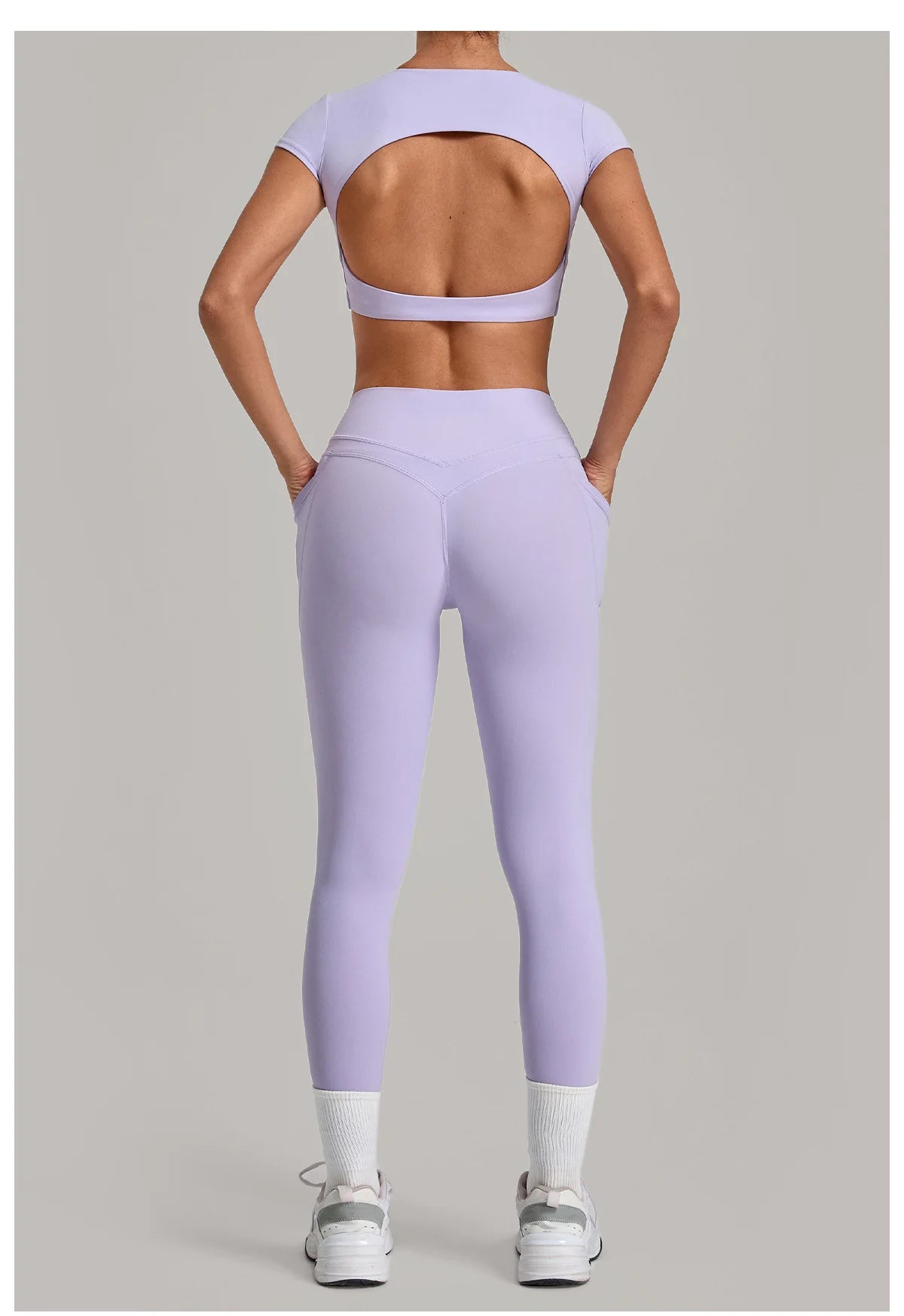 Yoga Set Women's Tracksuit Short Sleeve Back Hollow Out Sports Top Athletic Wear Tight High Waist Pocket Leggings Fitness Suits
