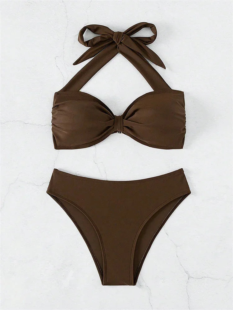 Sexy Front Tie Bikini Set Women Brown Halter Push Up Padded Micro Swimsuit 2025 Summer Bathing Suit High Waist Swimwear Biquini