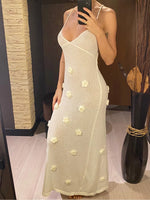 Elegant 3d Flower Knitted Dresses For Women V-neck Backless Sleeveless Lace Up Female Maxi Dress Summer Lady Beach Dress V6211