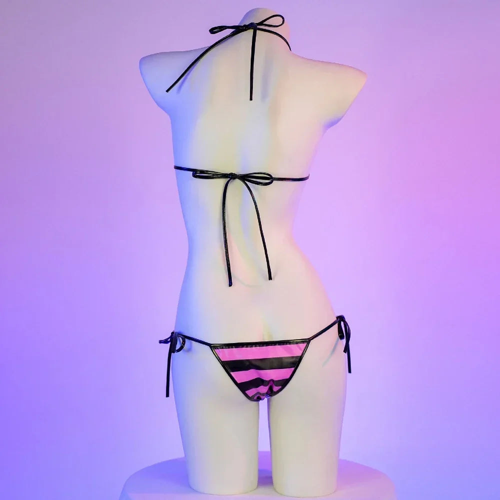 Summer Swimwear Japanese Kawaii PU Leather Micro Bikini Set Women Swimsuit Stripes Bra Set Sexy Lingerie Underwear Costume
