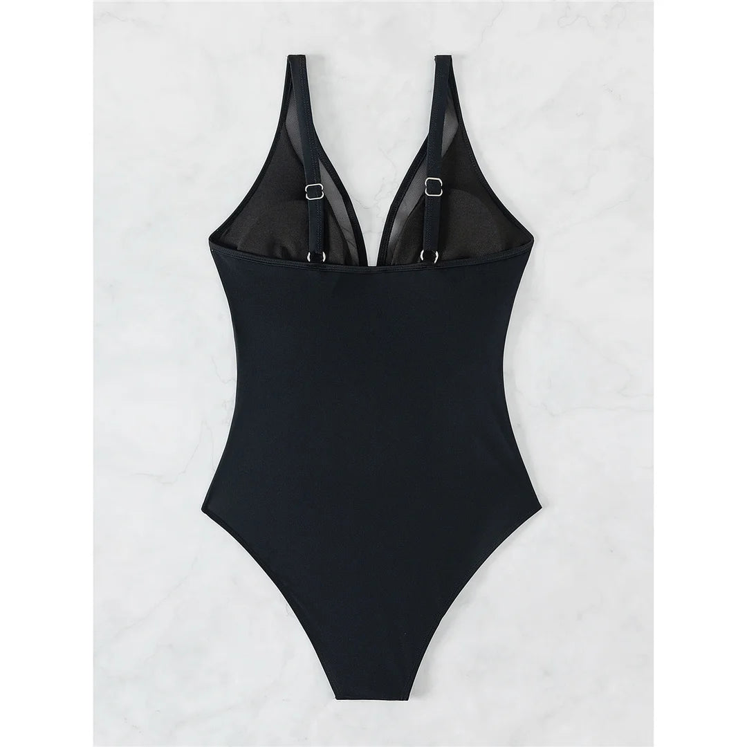 S - XL New Sexy Mesh Sheer V Neck Women Swimwear One Piece Swimsuit Female High Leg Cut Monokini Bather Bathing Suit Swim V5136