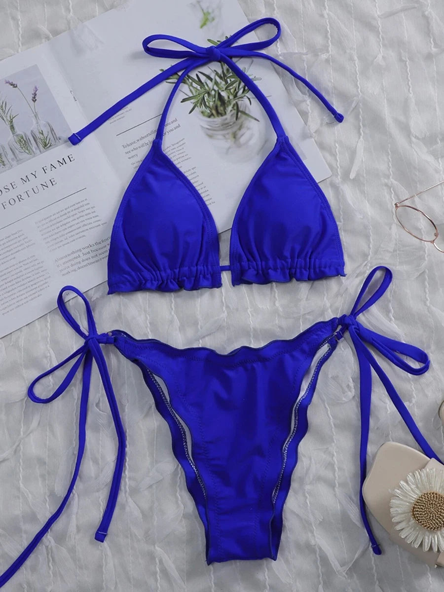 2026 Ribbed Ruffled Frilled Brazilian Bikini Women Swimsuit Female Swimwear Two Pieces Bikini Set Halter Bathing Suit Swim Lady