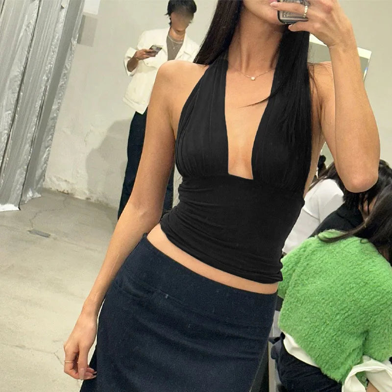 FDYOUI Sexy Deep V-neck Bandage Solid Crop Tops Women's 2026 Summer Halter Off Shoulder Sleeveless T-shirt Vacation Corset Top