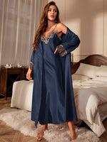 Contrast Lace Pajama Set Long Sleeve Robe With BeltV Neck Slip Dress Women's SleepwearLoungewear