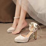 Ladies Shoes 2026 New Ankle Strap Women's High Heels Sandals Thick Heel Pumps Women Fashion String Bead Buckle Wedding Shoes