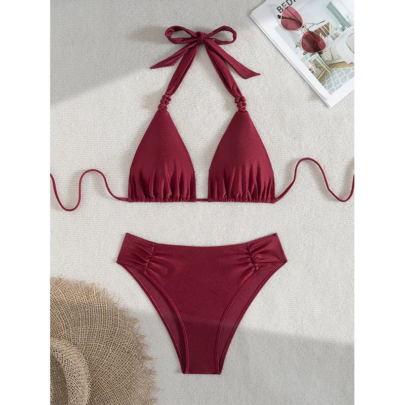 Wine Red High Waisted Bikini 2025 New Brazilian Biquini Triangle Swimsuit Women Beach Wear Bathing Suit Swimwear Female Summer