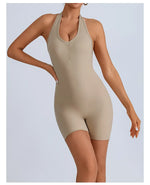 Summer Yoga Jumpsuit Back Hollow Out Bandage Pleate Pocket Shorts Sports One Piece Suits Butt Lifting Fitness Workout Bodysuit
