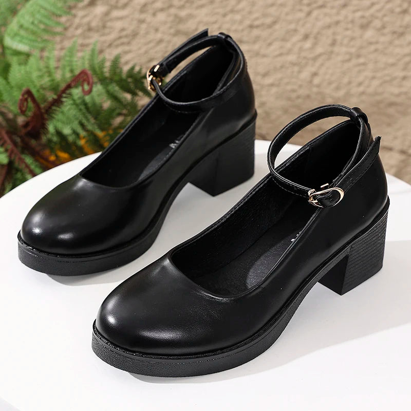 Black Thick Heeled Mary Jane Shoes Women Plus Size 42 Ankle Buckle Platform Pumps Woman Office Pu Leather High Heels Shoes Mujer