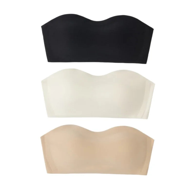3Pcs/Set Women Strapless Bandeau Bra Removable Straps Seamless Wireless Multi‑Hook Back Closure Bra For Multi‑way Wearing