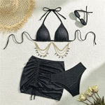Shiny Pink String Halter Triangle 3 Piece High Waisted Bikini Set Swimwear Skirt Cover Up Rhinestone Chaining Swimsuit Beachwear