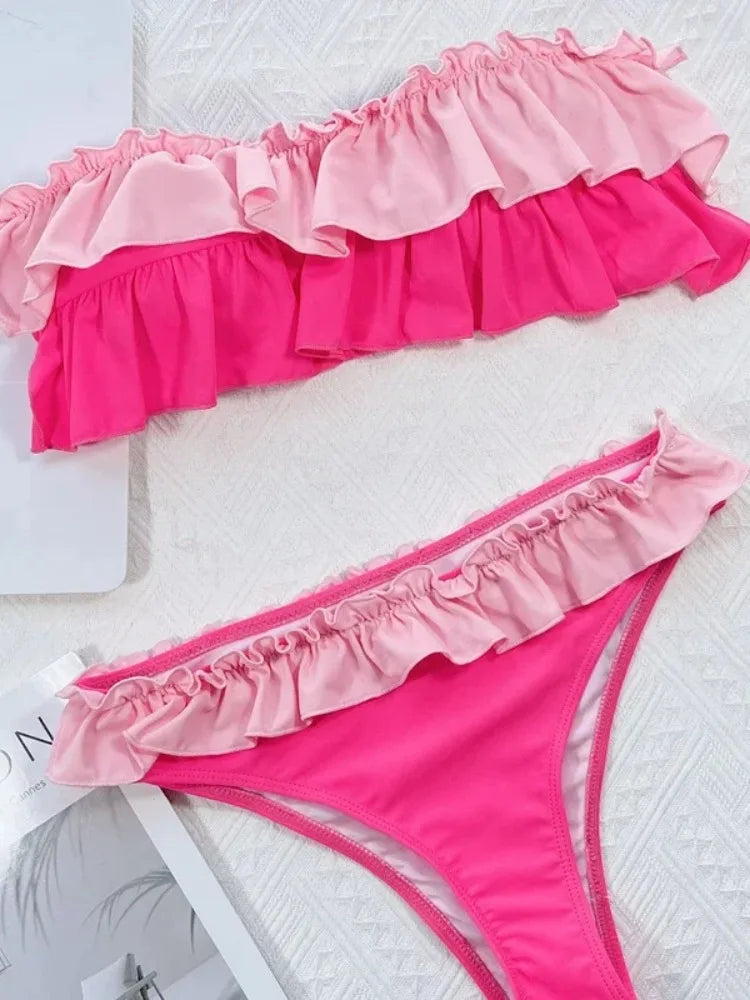 Ruffle Block Color Bikini Set Women 2026 Sexy Strapless Off-Shoulder Swimsuit Sexy High Waist Backless Bathing Suit Beachwear