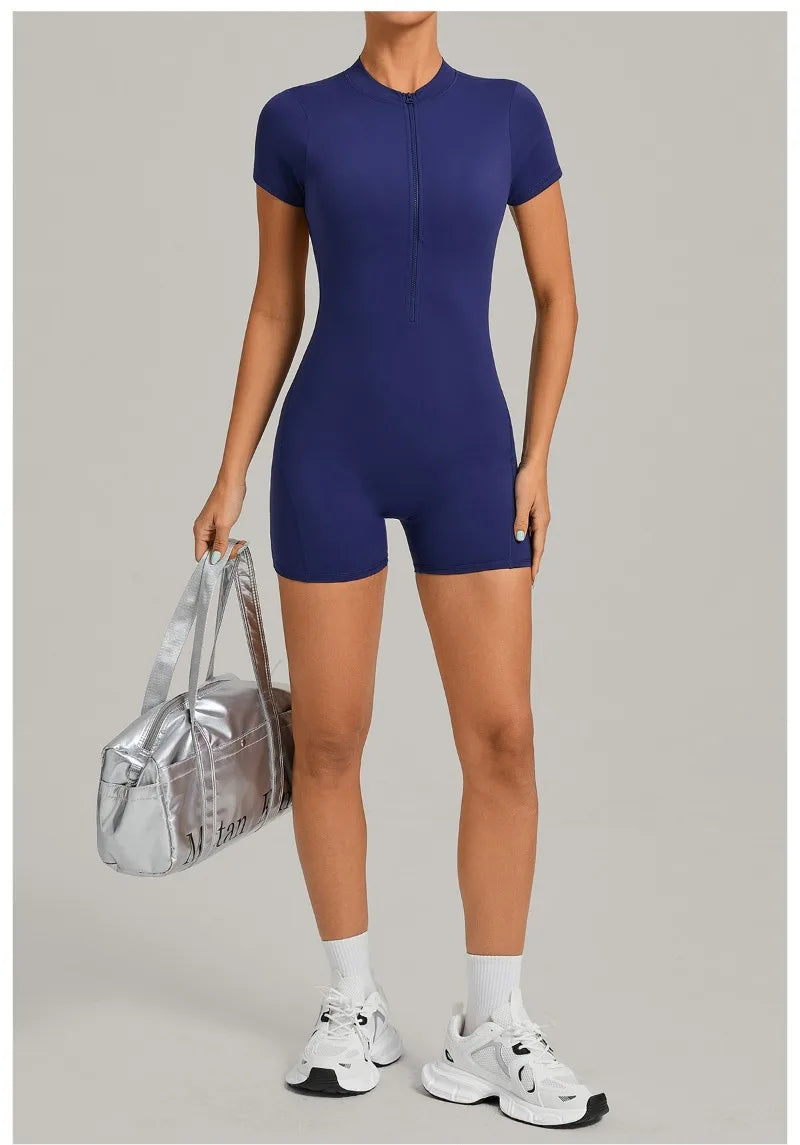 Women's Seamless Yoga Jumpsuits Sports Fitness Beauty Back Slim Fit Short-Sleeves One-Piece Workout Gym Training Bodysuits