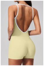 Tight Fitting One-piece Yoga Suit Women Color Bloack Square Collar Hollow Out Backless Butt-Lifting Gym Sports Short Jumpsuit