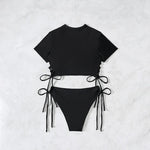 2026 New 2 Piece Swimsuit for Women Solid Color Sexy Drawstring Short Sleeve Bikini Set Beach Vacation Bathing Suit Swimwear