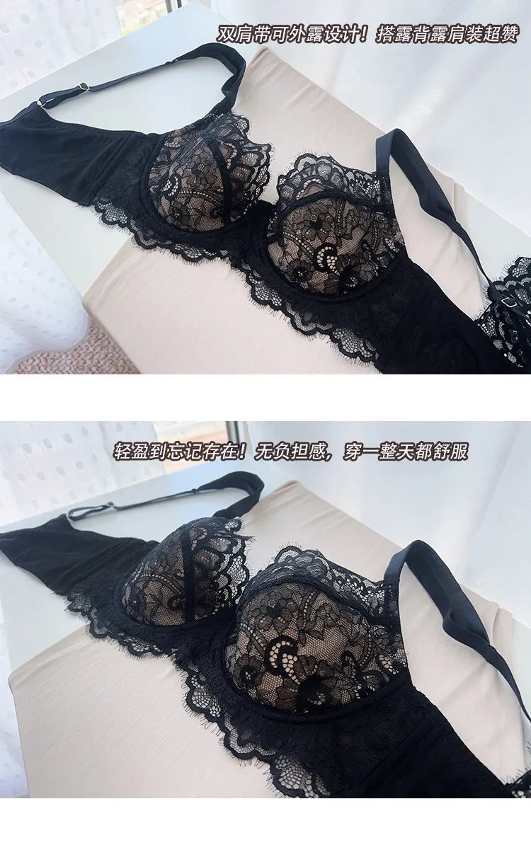 Modest French Lace Abaya Bra Set Women Sexy Deep V Full Coverage Big Bust Support Anti Sagging Comfort Summer Luxury Minimizer