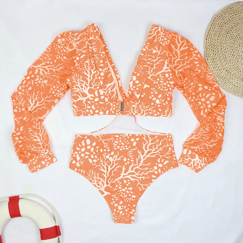 TW Sexy High Waist One Piece Swimsuit Women V Neck 2024 Long Sleeve Bathing Suit Brazilian Swimwear Monokini Summer Beachwear
