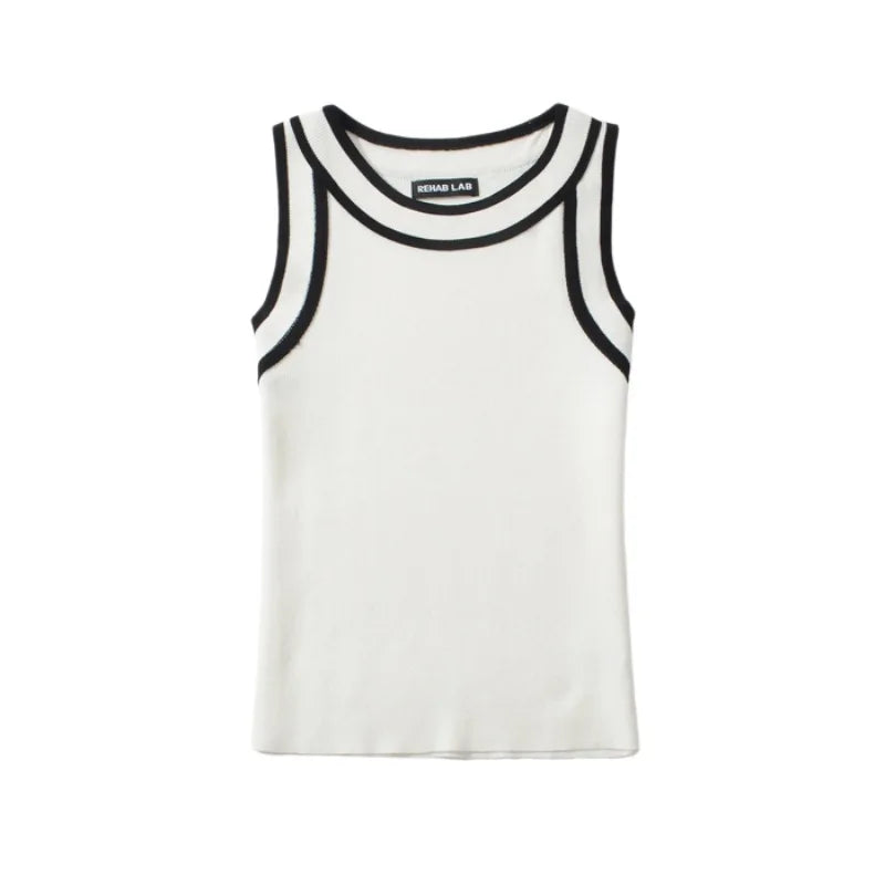Slim-fit Color-blocked Sleeveless Tank Top For Women Spring Round-neck Slim-fit Hot Girl Knit Short Top Casual Style 77RB