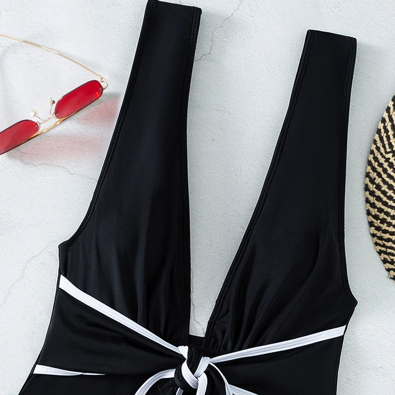 Black One Piece Swimsuit for Women 2026 Summer New Bikini,high Waist Contrast Belt Swimwear,deep-V Neck Backless Bathing Suit