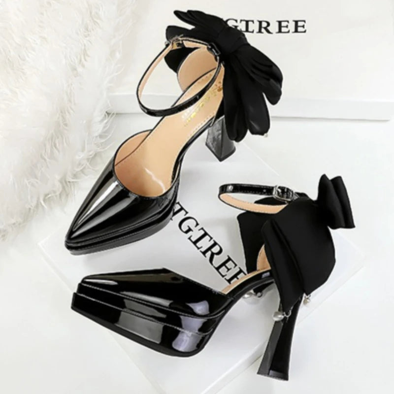 BIGTREE Shoes Women's High Heels Hollow Platform Waterproof Thick Heel Pointed Toe Sandals Match Dress Wedding Shoes Knot