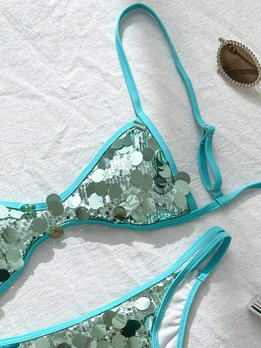 Glitter Sparkling Squins Halter Bikini Women Swimsuit Female Swimwear Two-pieces Bikini Set High Leg Cut Bathing Suit Swim Lady