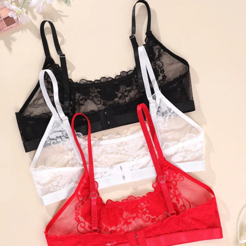 See Tbrough Lace Embroidery Women Lingerie Adjustable Strap Unlined Brassiere Women's Bras Floral Wire-Free No Pad Bra Underwear