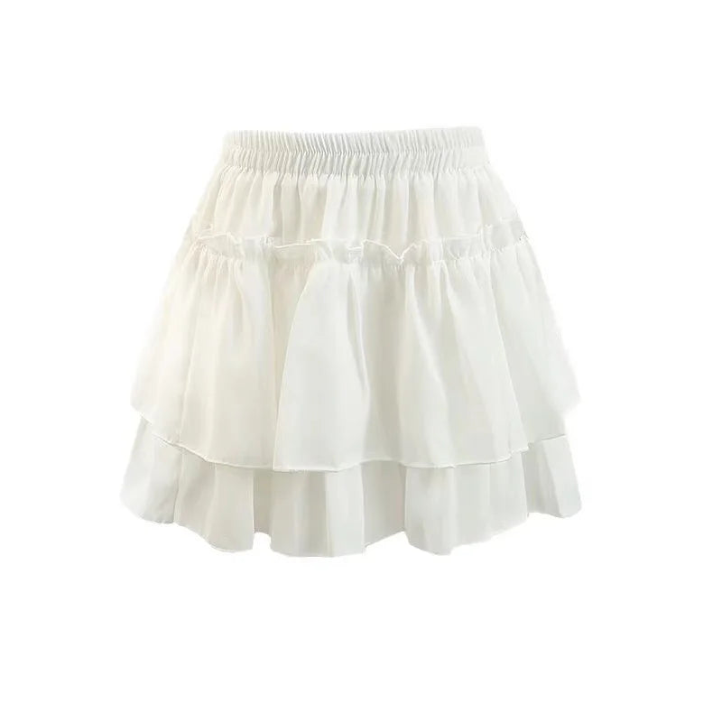 Summer Kawaii White Ruflles Skirt Women Fashion Slim Fit Mini Skirts Giris Y2k All Match Elastic High Waist Black