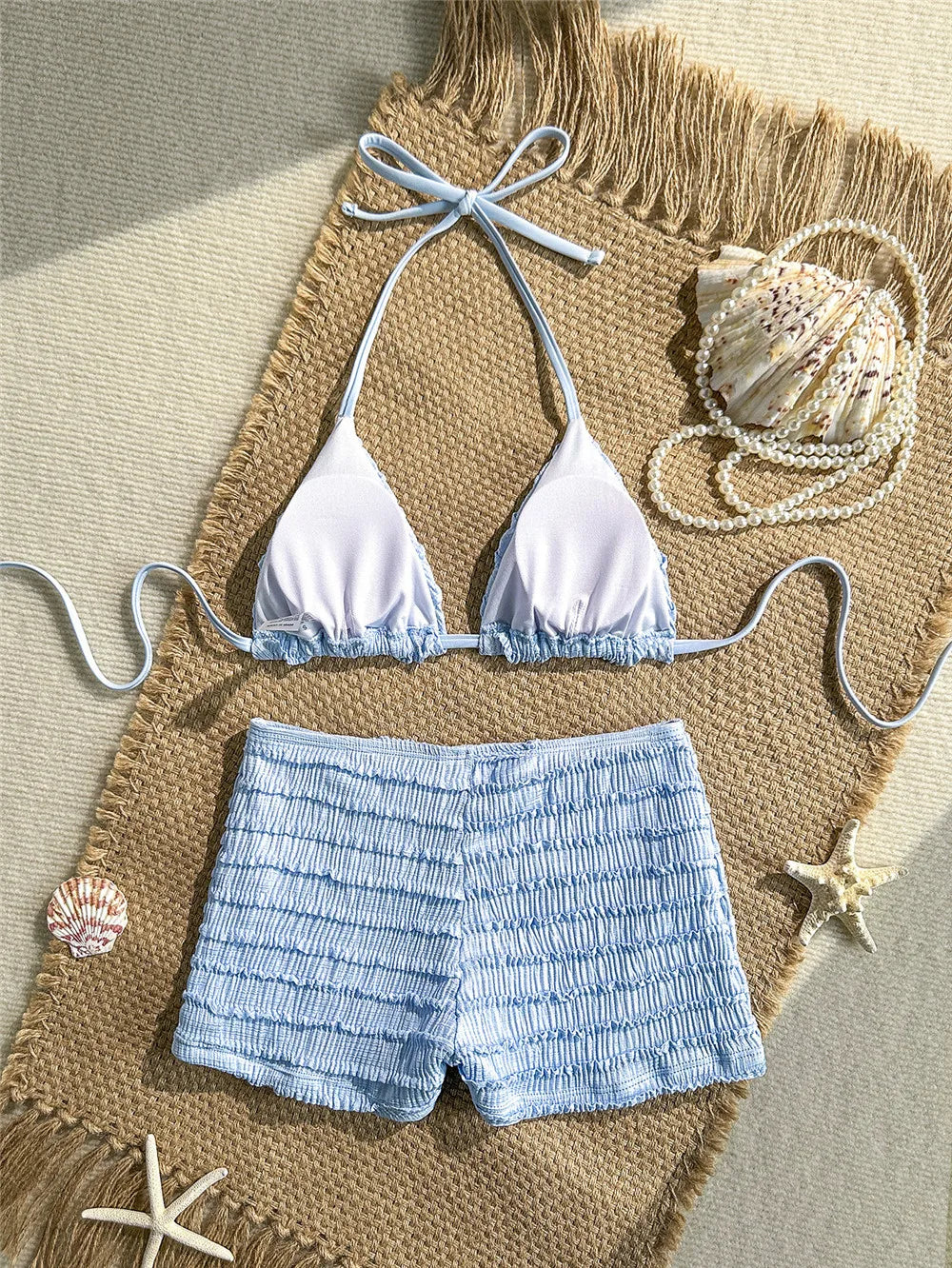 Sequin Starfish light blue Texture Swimwear Sexy Halter String Triangle Bikinis Sets Shorts Bottoms Woman Swimsuit 2026 Bikini