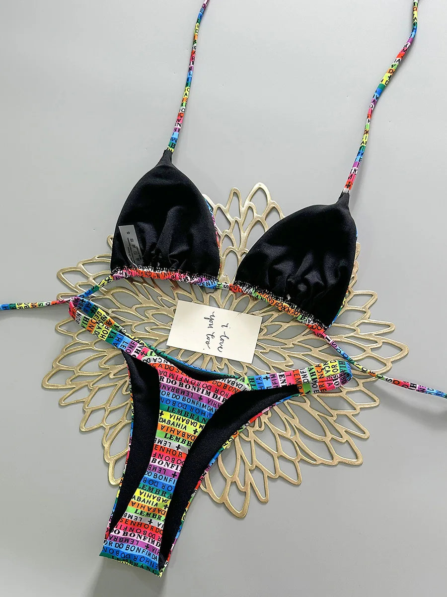 2026 Letters Print Colorful Micro Mini Thong Bikini Women Swimwear Female Swimsuit Two-pieces Bikini Set Bathing Suit Swim Lady