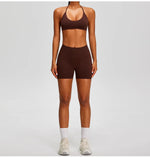 Spring Summer Seamless Yoga Sets Women Hanging Neck Back Criss Cross Sports Bra Gym Exersize Suit Outwear Gym Running Tracksuit