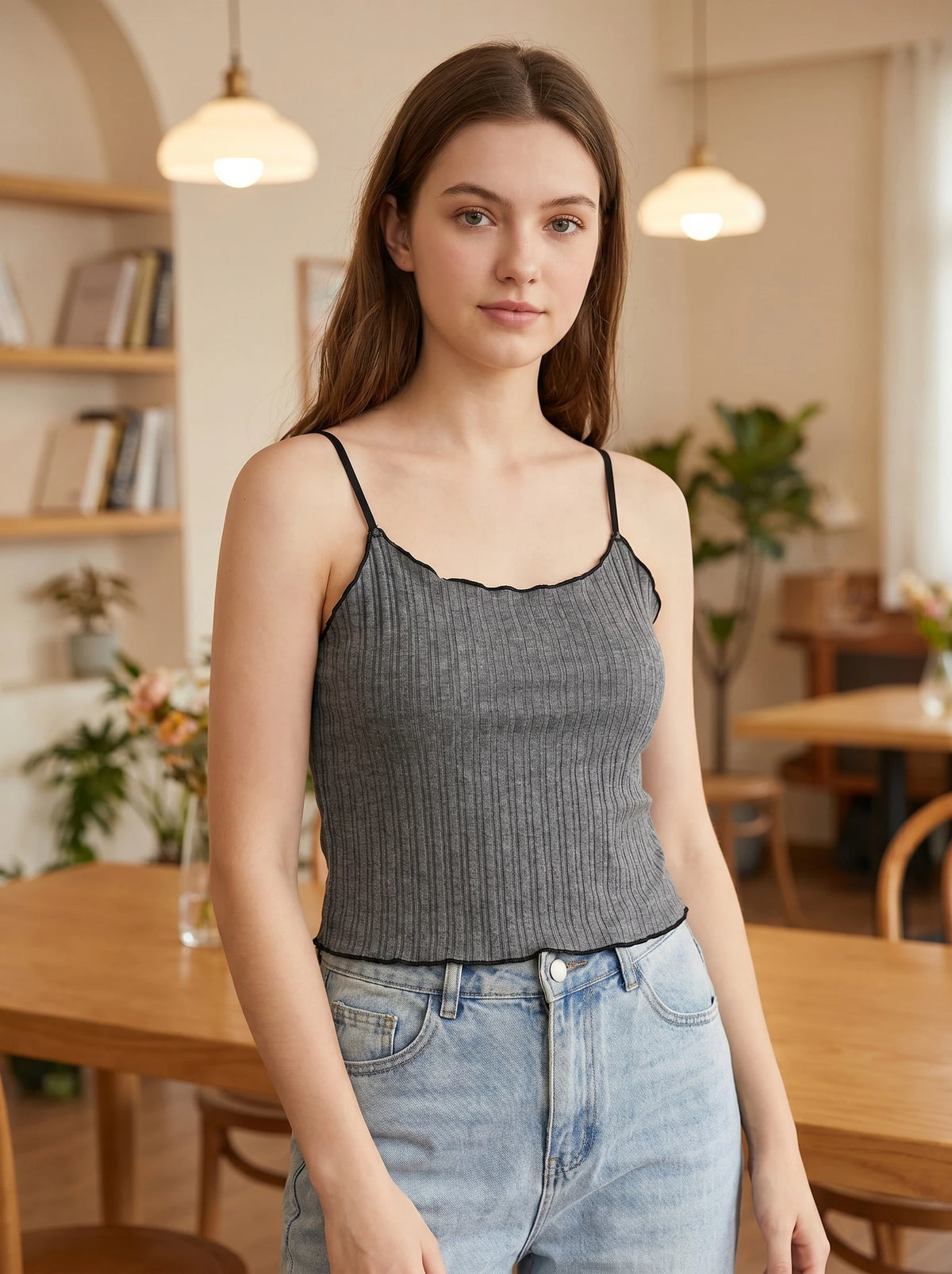 cotton Women Sleeveless Rib Knit Camisole Lettuce Trim Thin Strap Slim Fit Casual Tank Top Summer Basic Elegant Blouse A1562