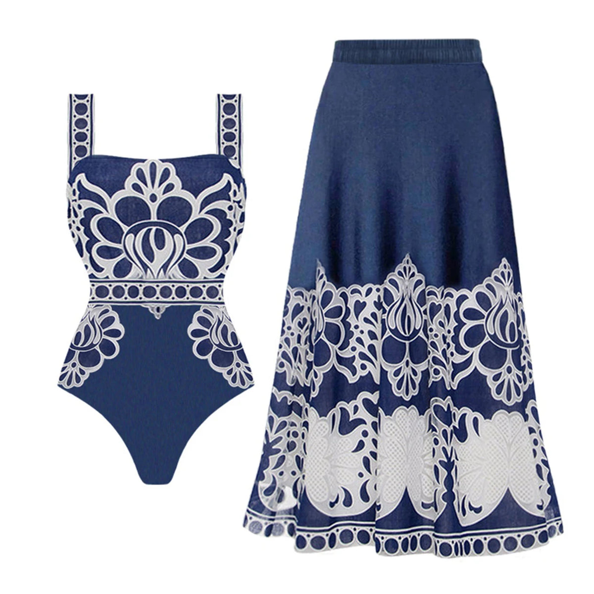 2Pcs Printed Swimsuit Women Sexy Swimwear New Bikini With Long Skirt Female Biquini Push Up Swim Suit Bodysuit Beachwear CoverUp