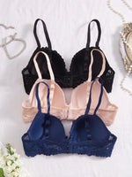 3PCS Lace Trim Women's underwear set Underwire Push up Bra for Women Bow & Rhinestone Comfort Daily Lingerie Set A B C Cup
