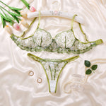 Daisy Floral Embroidery Sheer Mesh Lingerie Set Women Green Underwire Bra And Thong Sexy Ladies Underwear ZA825194