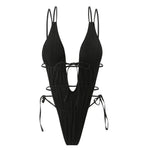 2026 New Deep V One Piece Black Swimsuit Halter Solid Color Women's Backless Bathing Suit Bandage White Swimwear For Female