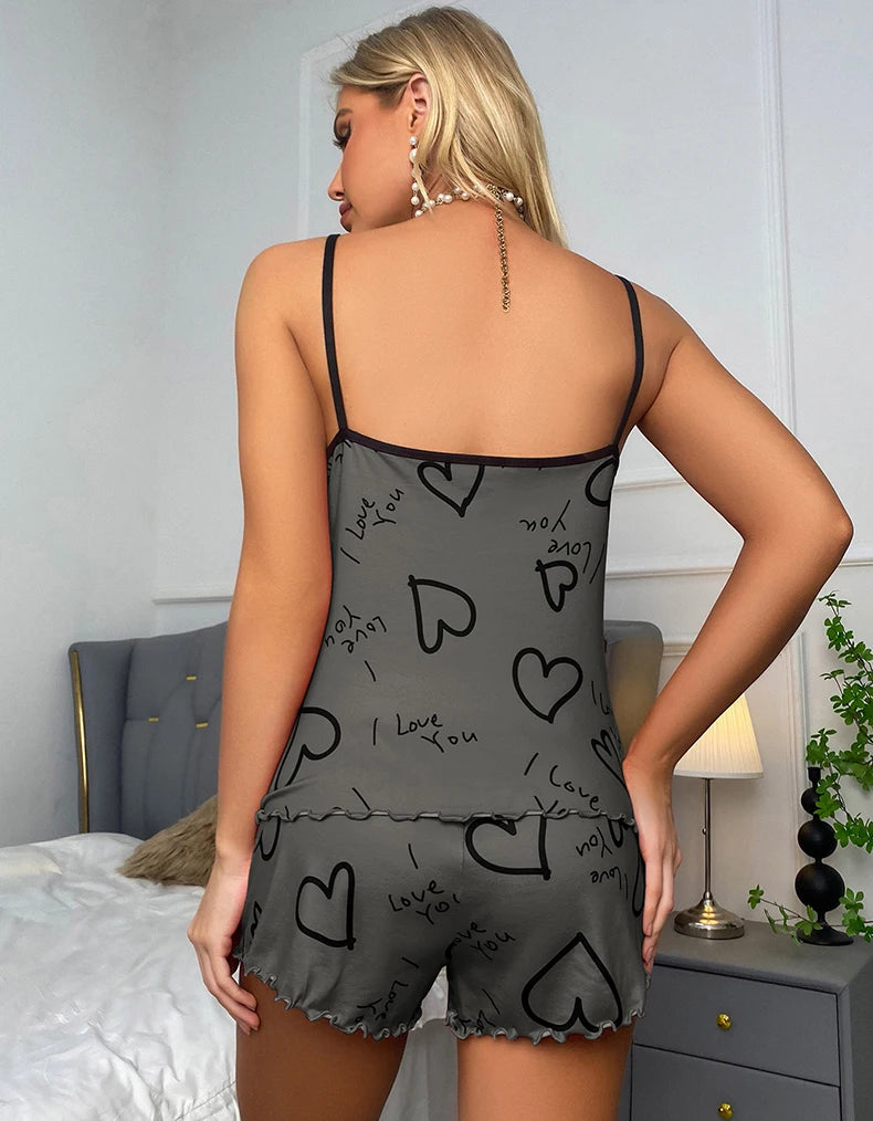 Sexy Summer Women Pajamas SetHeart Print Sleepwear Cotton Home Clothes Tops And Shorts Cute Soft Sleeveless Nightwear XXXL