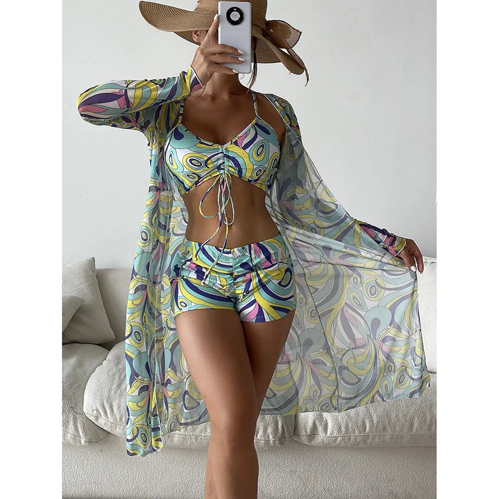 2025 Three Pieces Bikini Set Cover Up Swimwear Women Swimsuit Print Long Sleeve Push Up Bathing Suit Beachwear Swimming Biquini
